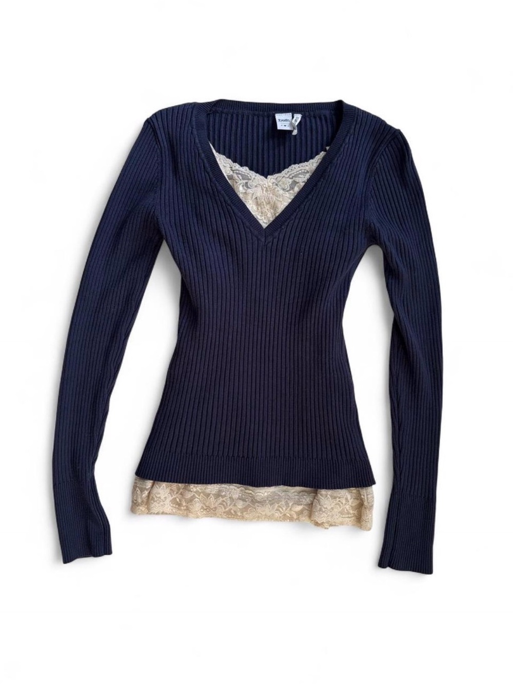 twik y2k fitted navy blue v-neck ribbed sweater size S